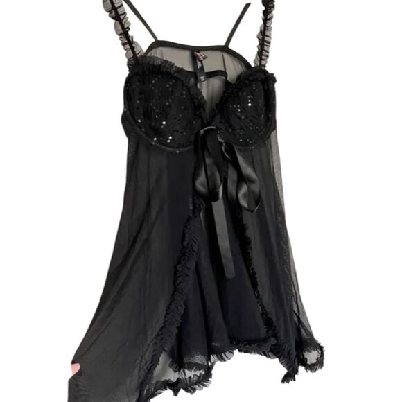 Y2K Victoria’s Secret 36B Push Up Ruffled‎ Lace Babydoll Top Black Sequin Mesh - Picture 4 of 11